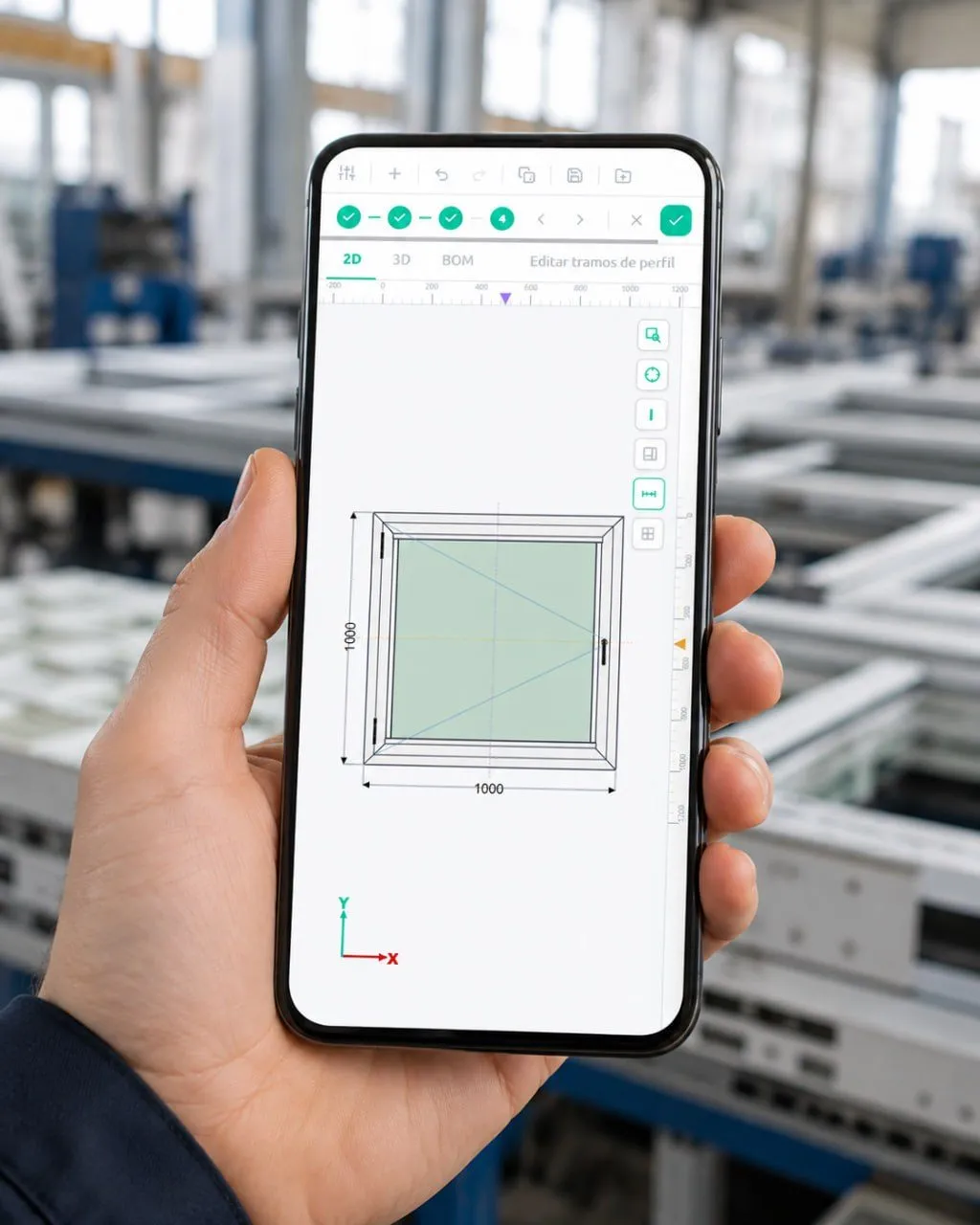 Configuratore 2D su smartphone: disegno della posizione con quote reali