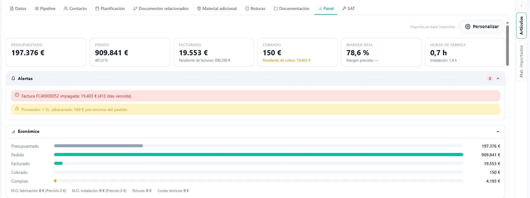 Pannello del progetto con lo stato calcolato dai documenti reali