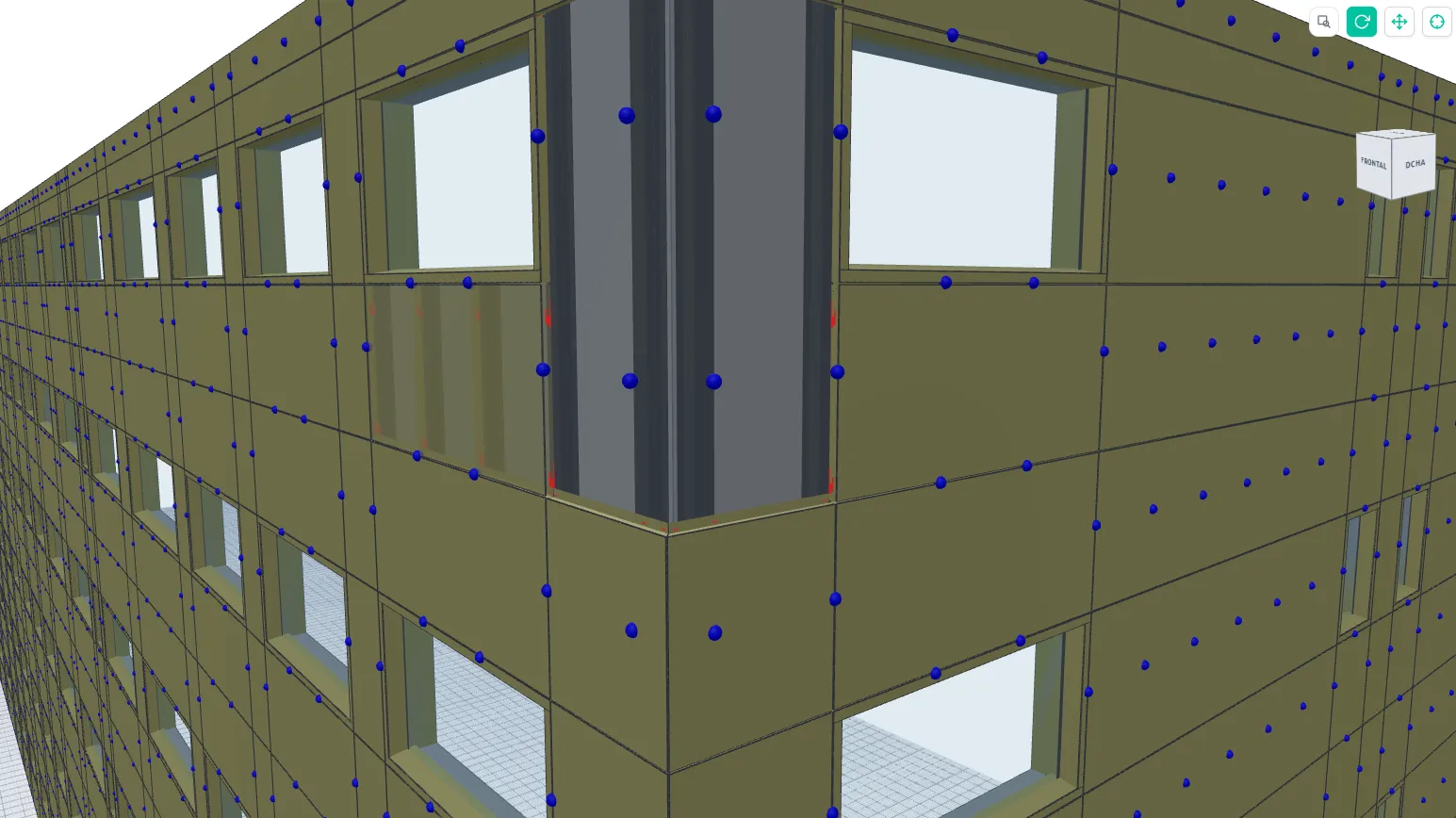 Facciata ventilata modulata in 3D su un edificio reale: pannelli per campate, piani e aperture